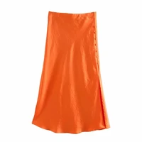 solid satin elastic waist women side slit midi skirt 2020 new fashion casual lady button decoration slim a line skirts p1597