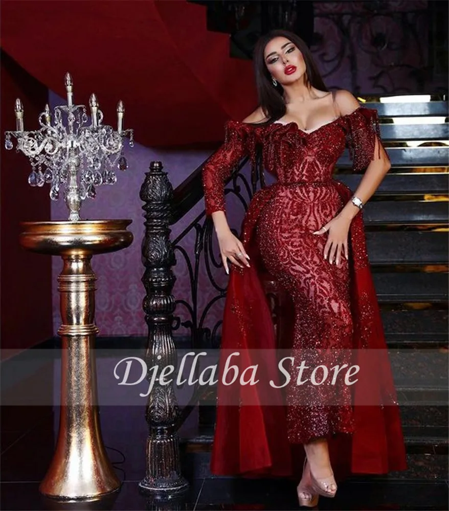 

Saudi Arabic Red Sparkle Lace Beading Mermaid Prom Dresses Detachable Train Luxury Dubai Evening Gowns Off The Shoulder Abendkle