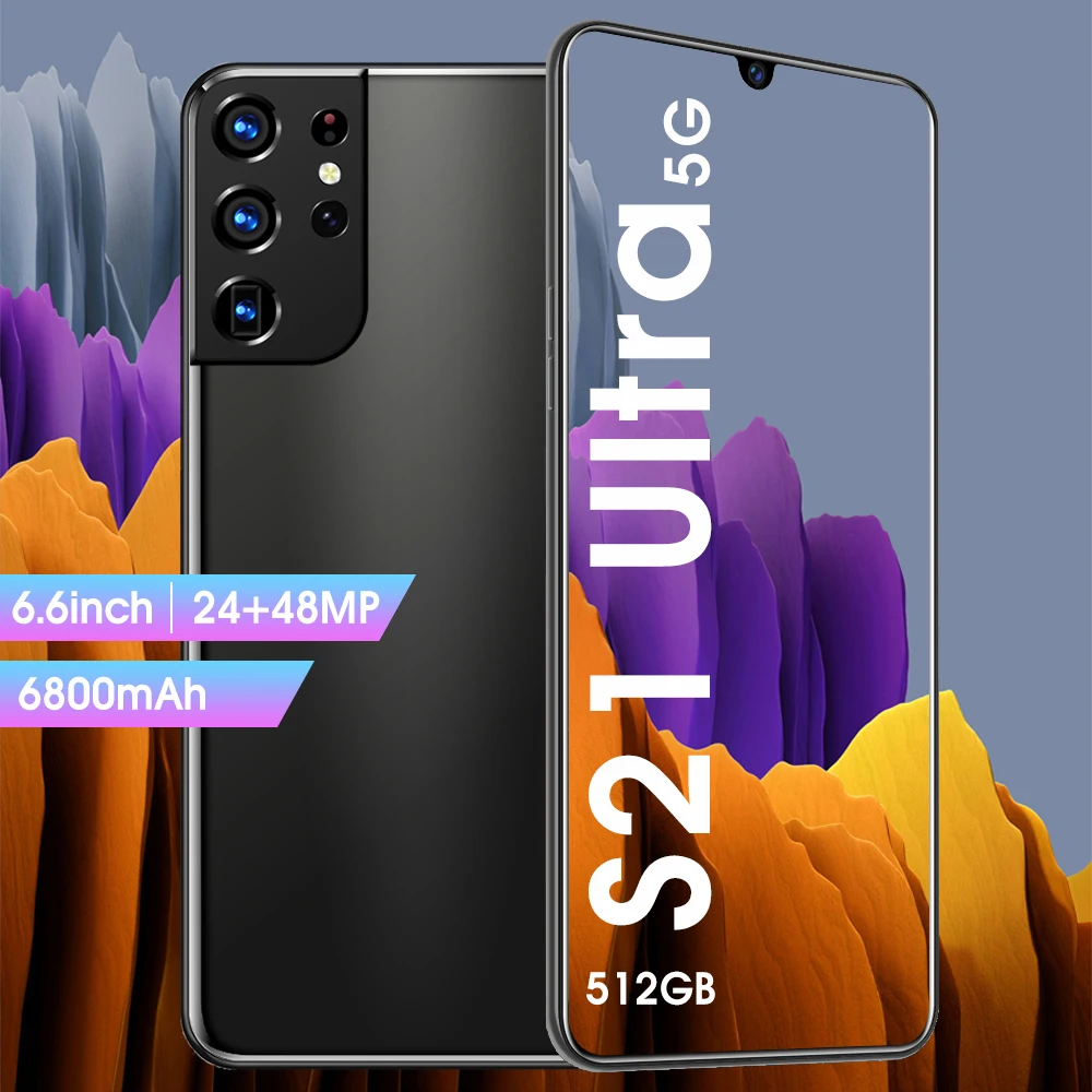 

2021 New S21 Ultra Smartphone 6.6 Inchs 8+512GB Full Screen LTE 4G Android 10 Face Unlock 24MP Camera Dual SIM Cellphone