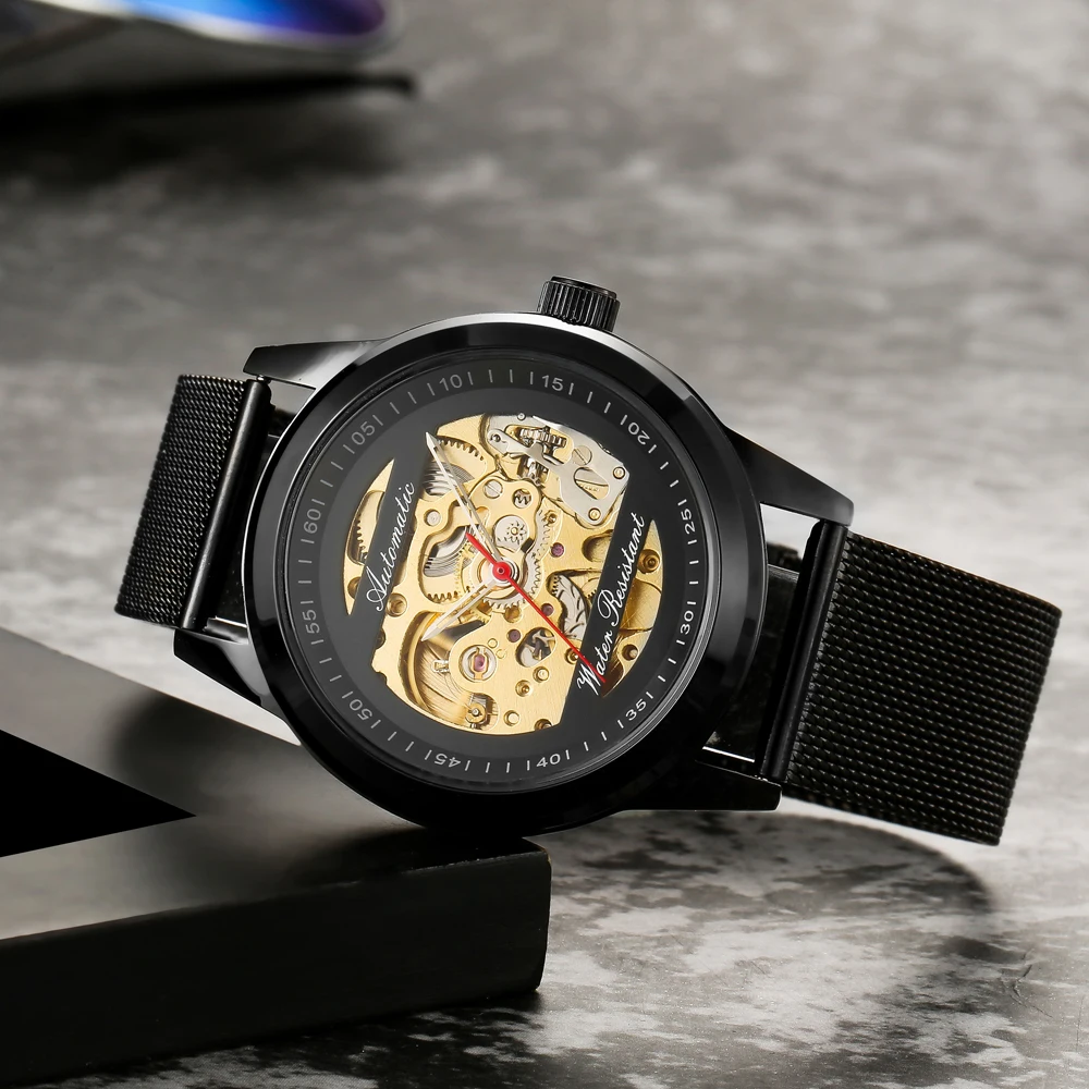 Часы-скелетоны Мужские механические золотые водонепроницаемые до 30 метров |