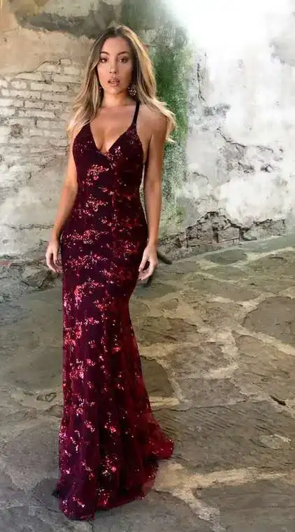 wine red Новые пикантные Стиль женский с открытыми плечами с низким вырезом на спине платье для выпускного с пайетками вечернее платье Размеры 2 4 6 8 10 12 14 16 18+ E31 - Цвет: wine red