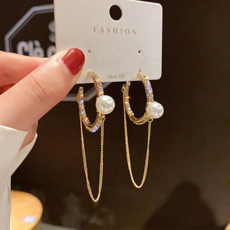 

Pearl Tassel Hoop Earrings for Women Hire Top Designers Creativity Luxury Jewelry Inlaid High Quality Zircon S925 Needle