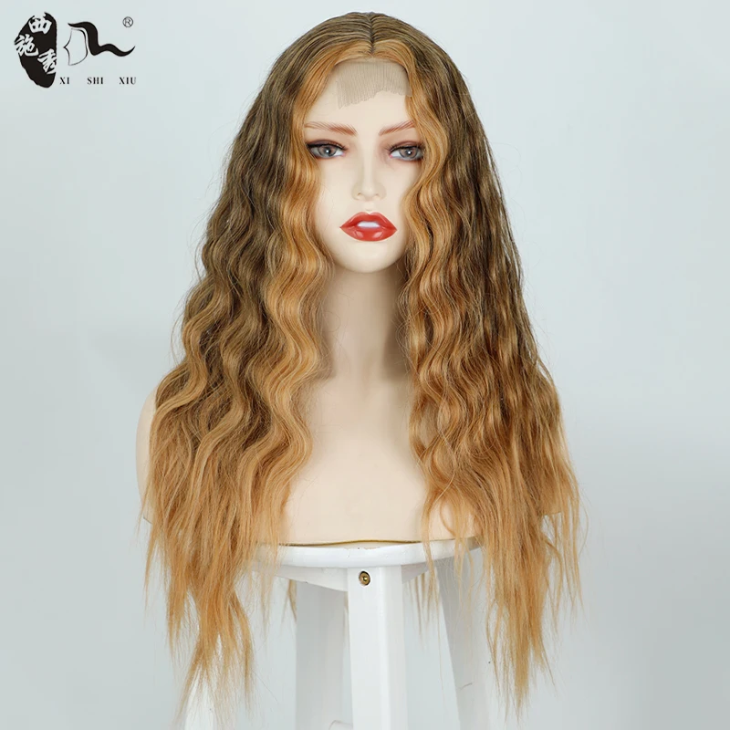 

XISHIXIUHAIR Long Wave Lace Part Wig Brown Mixed Blonde Synthetic Wigs for Women Middle Part Natural Looking Glueless Hair