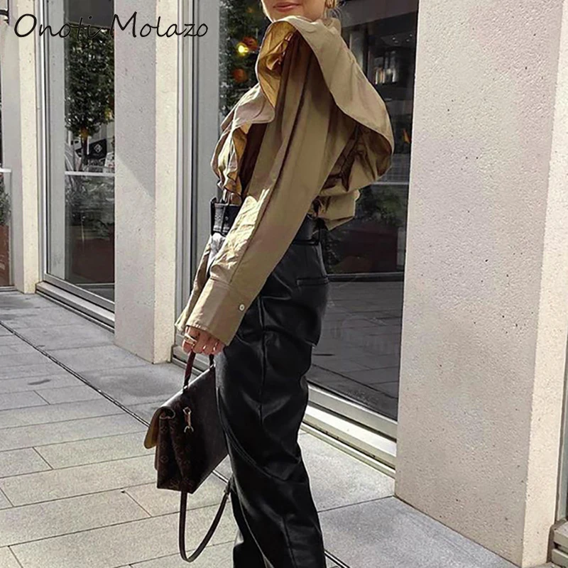 Onoti Molazo Casual Blouse Women Top Ruffles Solid Shirts Elegant Ladies Tops Blouses Chic Female 2020 Spring New Fashion | Женская
