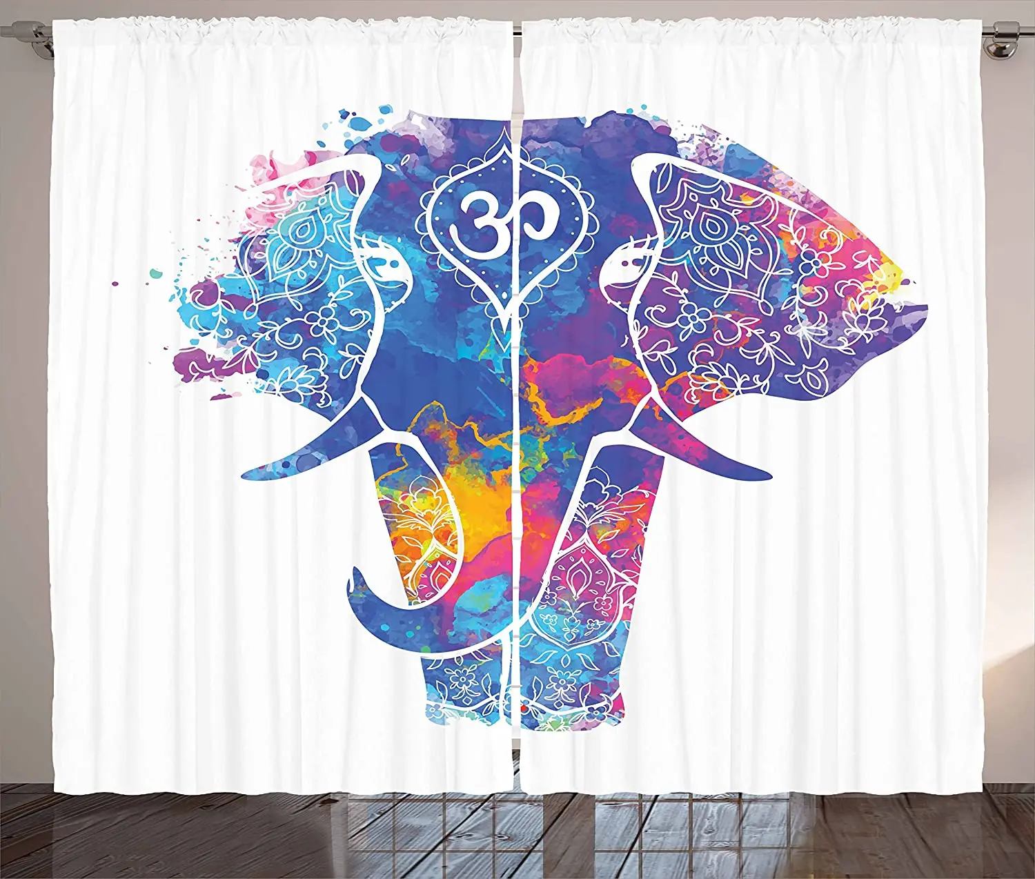 

Colorful Blackout Curtains Elephant Design with Paint Smears Spiritual Asian Motifs Oriental Composition Windows Curtain