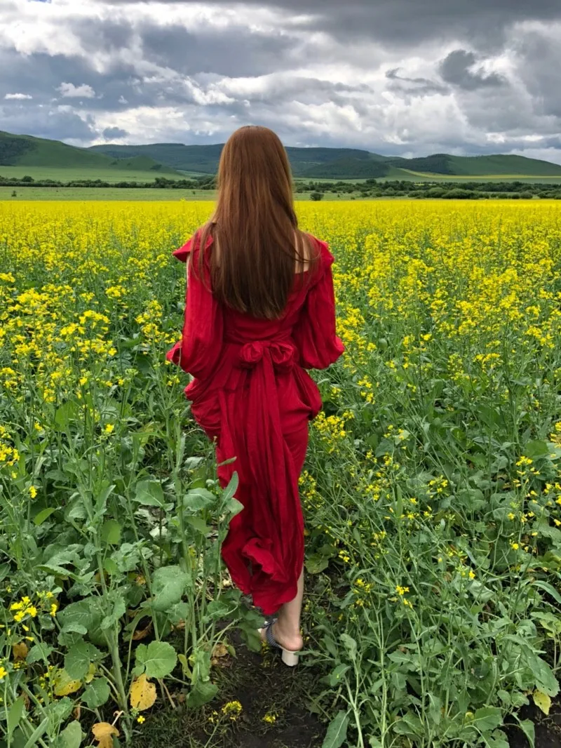 Женское льняное платье макси HANZANGL красное винтажное с v образным вырезом без