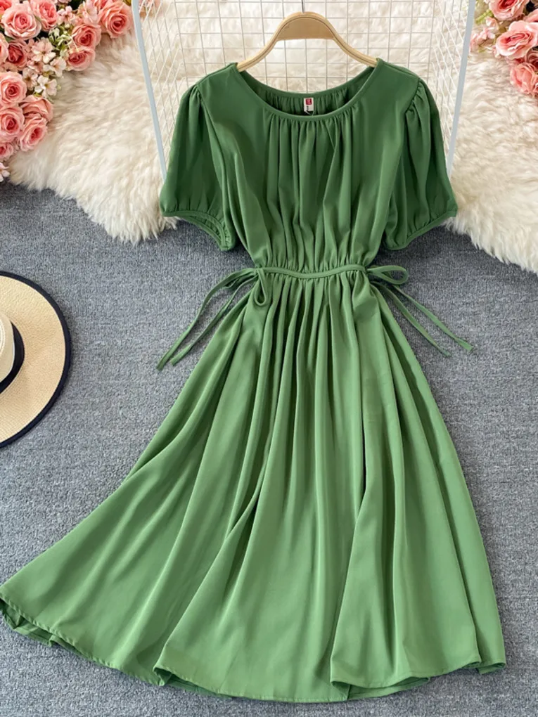 

2021 Summer New Women's Long Pleated Solid Green Yellow Dress Lady France Bubble Sleeve Casual O-neck Bodycon Dresses