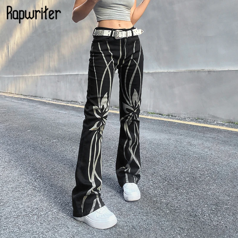 

Rapwriter Vintage Floral Denim Pants Aesthetic Printed Black Jeans 90s Mid Waist Women Denim Pants High Street Trousers Harajuku