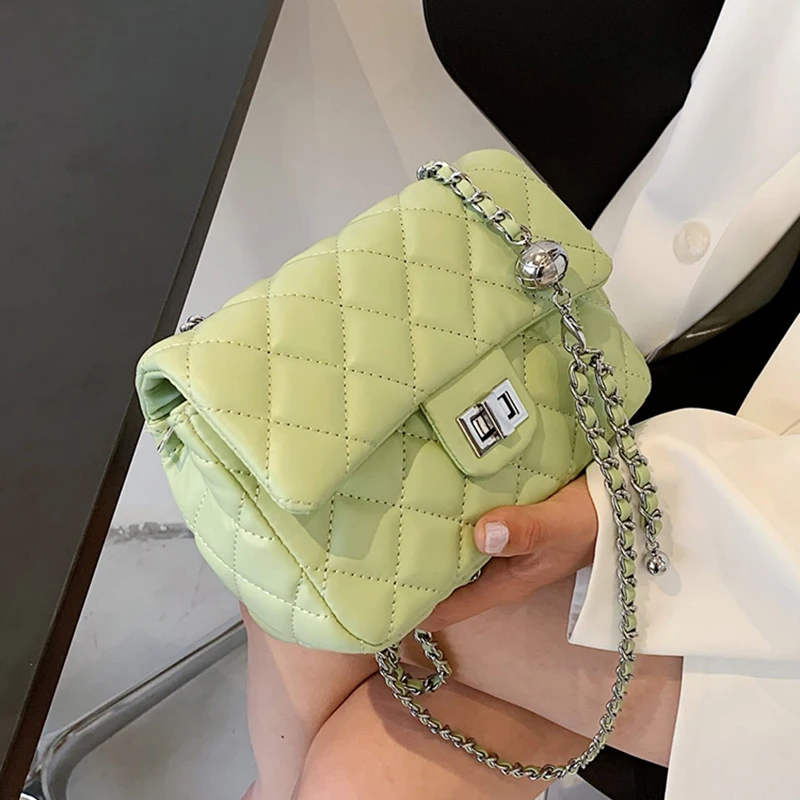 

Summer Lingge Chain Mini PU Leather Flap Crossbody Bag 2021 Shoulder Handbags Fashion Luxury Tend Brand Purses Green