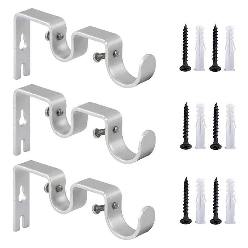 

6Pcs/Set Curtain Rod Brackets Heavy Duty Double Rod Holders Durable Metal Curtain Rod Wall Brackets With Screw Silver