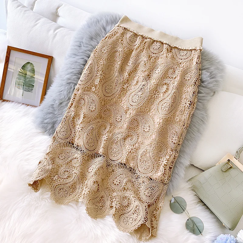 New 2020 Spring Summer Lace Crochet Wrap Skirts Elegant Midi Office Ladies High Waist Korean OL Style Pencil Skirt | Женская одежда