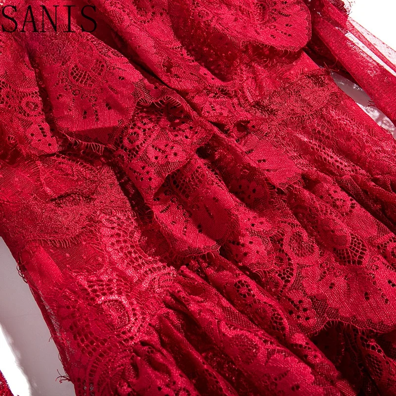 

Sanis Summer Fashion Designer Red Lace Dress Women Long Sleeve Tiered Ruffle Mesh Patchwork Elegant Party Dresses 2021