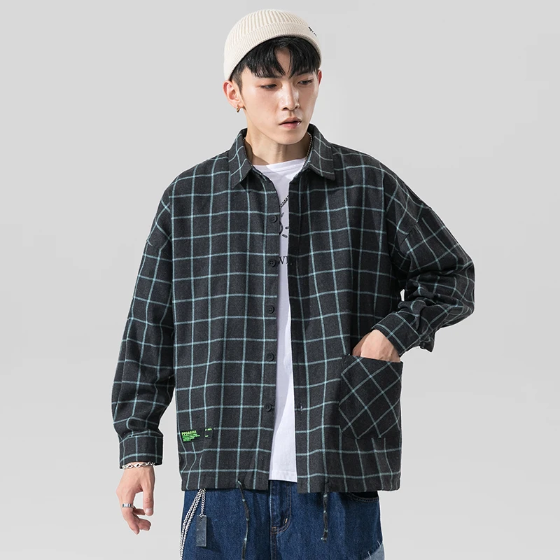 

Brand 2021 Spring Autumn Long Sleeves New Flannel Collar Korea STYLE Shirt For Men's Plaid Harajuku Clothing