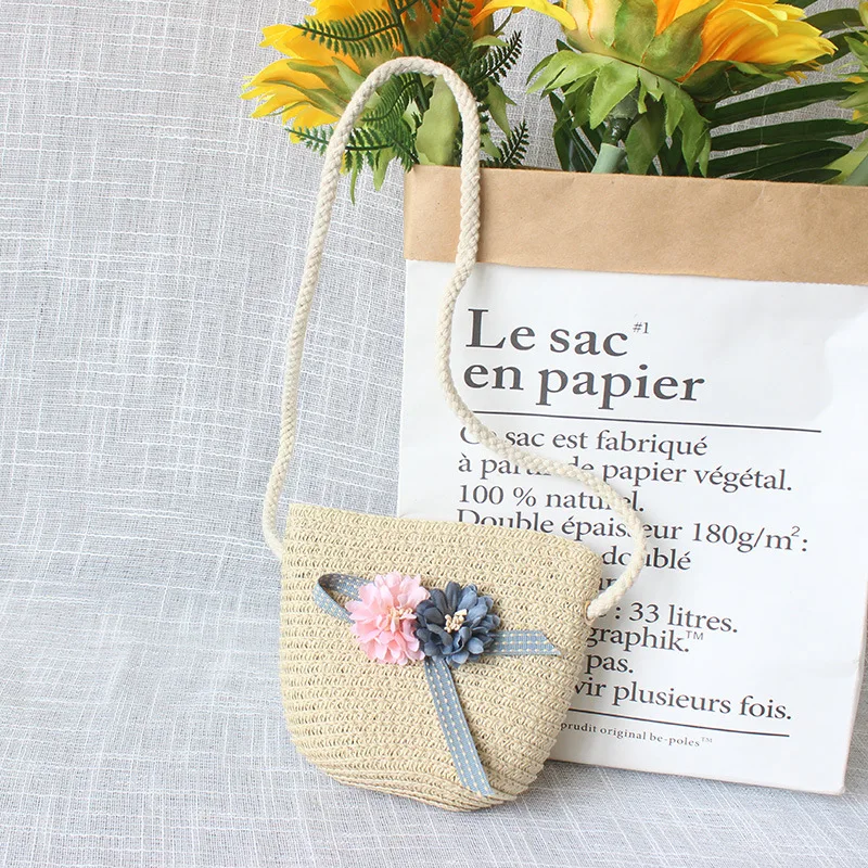 

Summer Children's Messenger Bag Kids Shoulder Bags Handmade Straw Keys Coin Mini Handbags Baby Girls Beach Princess Flower Bags