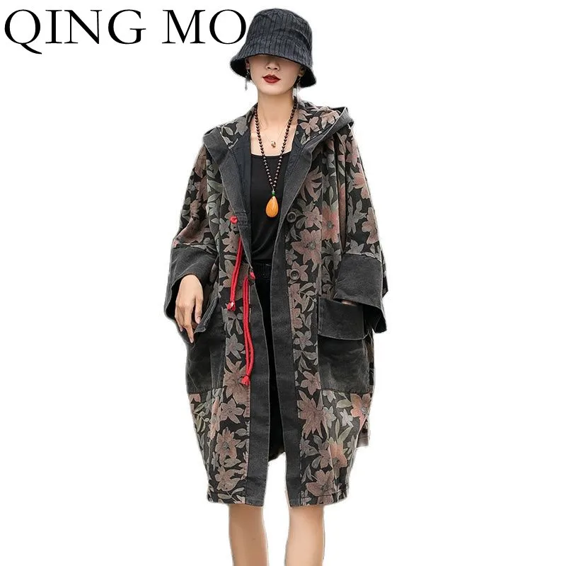 

QING MO Fashion Retro Print Stitching Hooded Denim Windbreaker Women 2021 New Autumn Big Size Single Breasted Long Coat ZWL1108