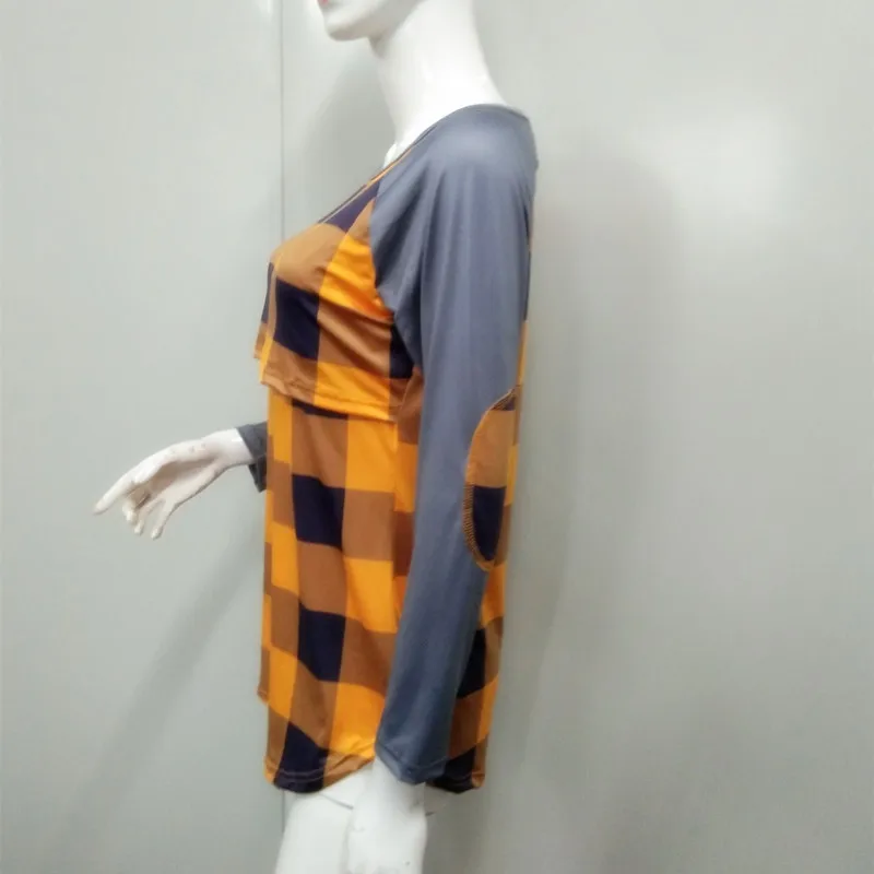 

Maternity Breastfeeding T-Shirt 2021 Spring Autumn Fashion Hot Style Round Neck Long-Sleeve Plaid Printing Women's Tops