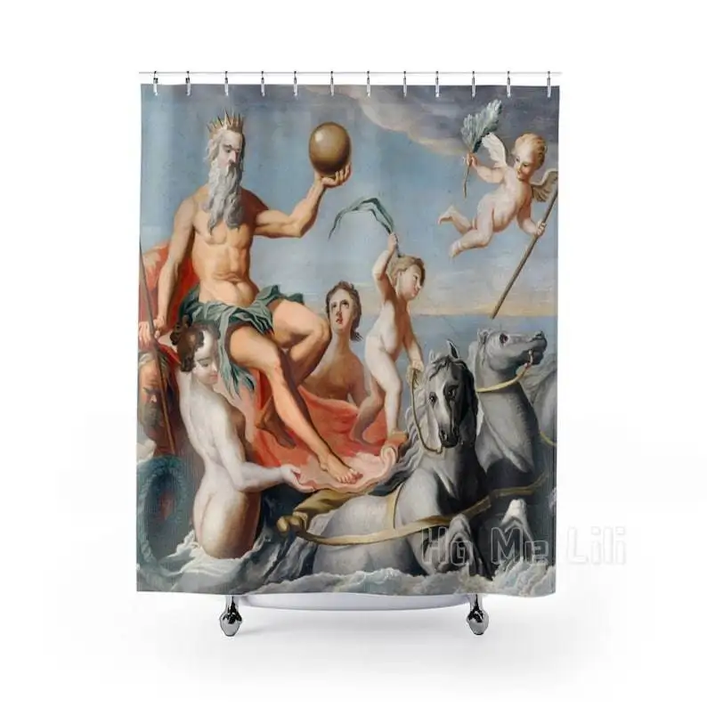 

Nautical Bathroom Mythology Art Ocean Shower Curtain Neptune Painting Vintage King