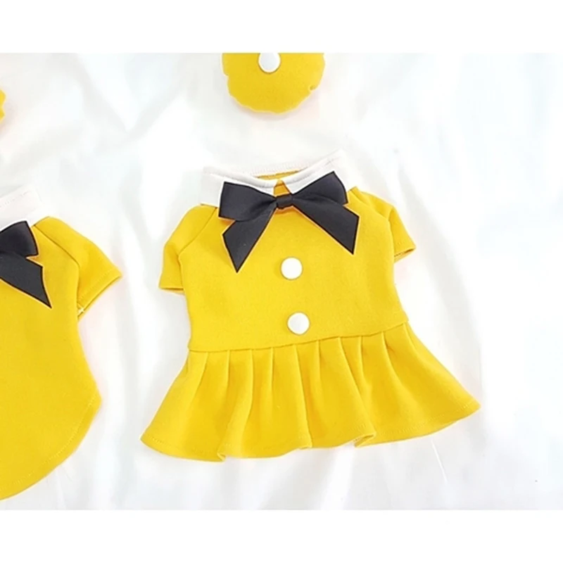Yellow Dog Skirt Summer Thin Clothes Puppy Couple Outfit Bow Tie Pullover Fashion Pet Dress With Hat XS-XL |