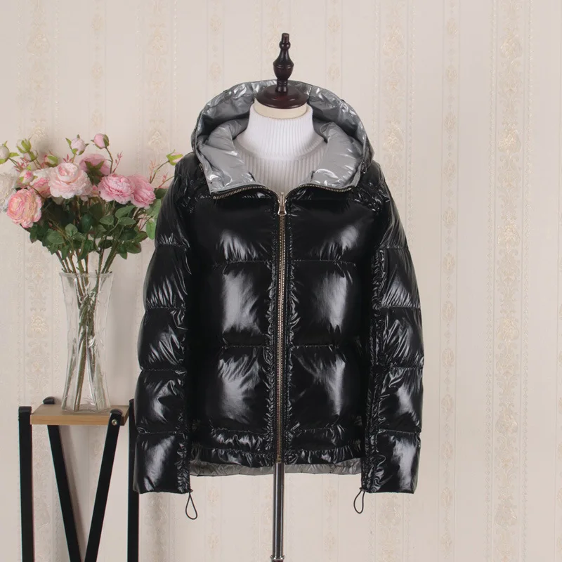 Black 1 Luzuzi пуховик женский короткий толстый натуральный Лисий меховой воротник двухсторонний глянцевый Серебряный Розовый Большой размер теплый пуховик - Цвет: Black 1