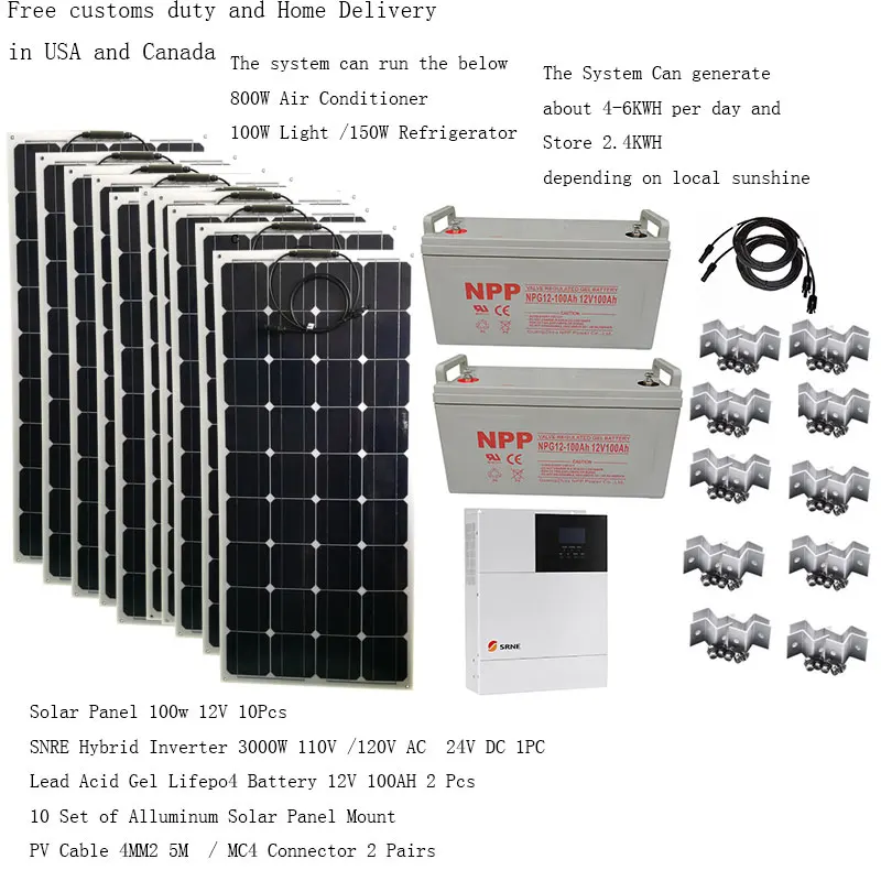 

Solar System For Home Complete Kit 3000w 110v 220V PV Panel 1000W Hybrid Inverter Battery Charger Off Grid Car Camping Caravan