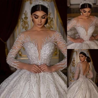 luxury backless wedding ball gown scoop neck long sleeves bridal gown floor length full bling sequins custom made bridal dress