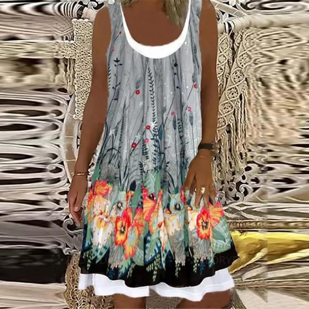 

Women Summer Fashion New Arrival Fake Two Pieces Dress Casual Printed Sleeveless Dress Loose Tanks Dress Beach Dress vestido