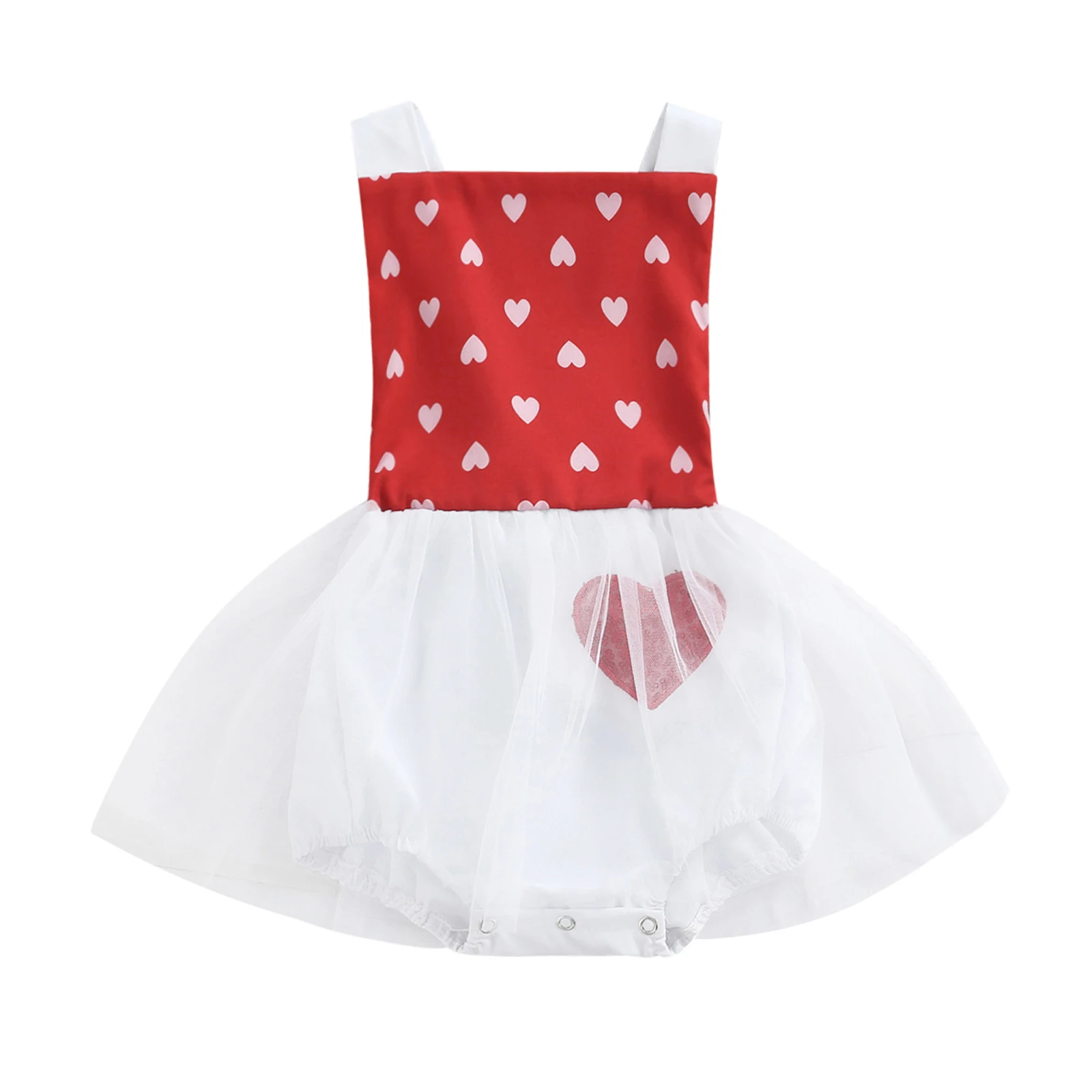 

Summer Baby Girls Clothing Dress Bodysuit Newborn Heart Pattern Printed Patchwork Mesh Skirt Sleeveless Square Neck Jumpsuit