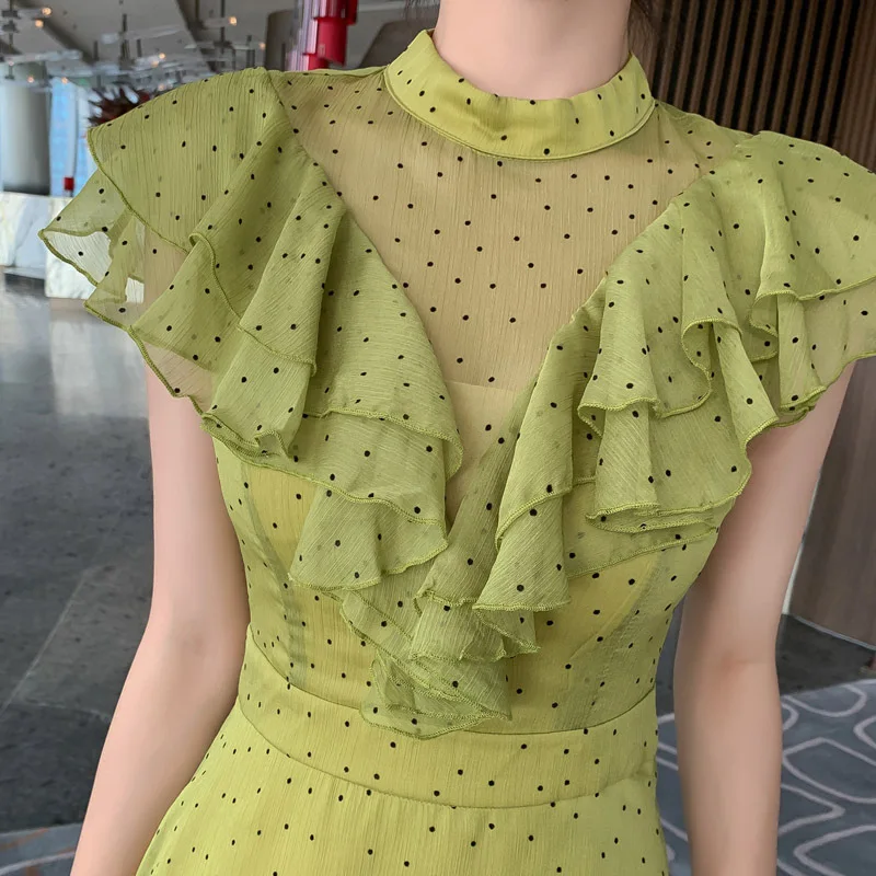 

2020 Summer Chiffon Dress Women Stand Ruffles Green Midi Polka Dot Dress Ladies Casual Green Dress Elegant Woman Robe Longue