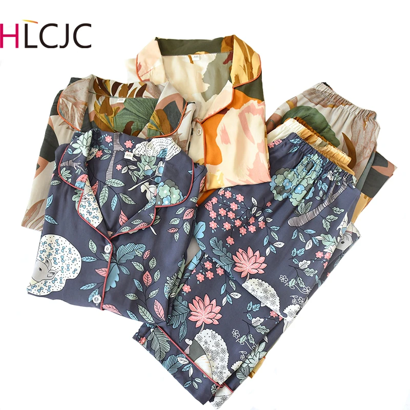 Весенне летние тонкие модные хлопковые атласные пижамы с принтом в стиле ретро