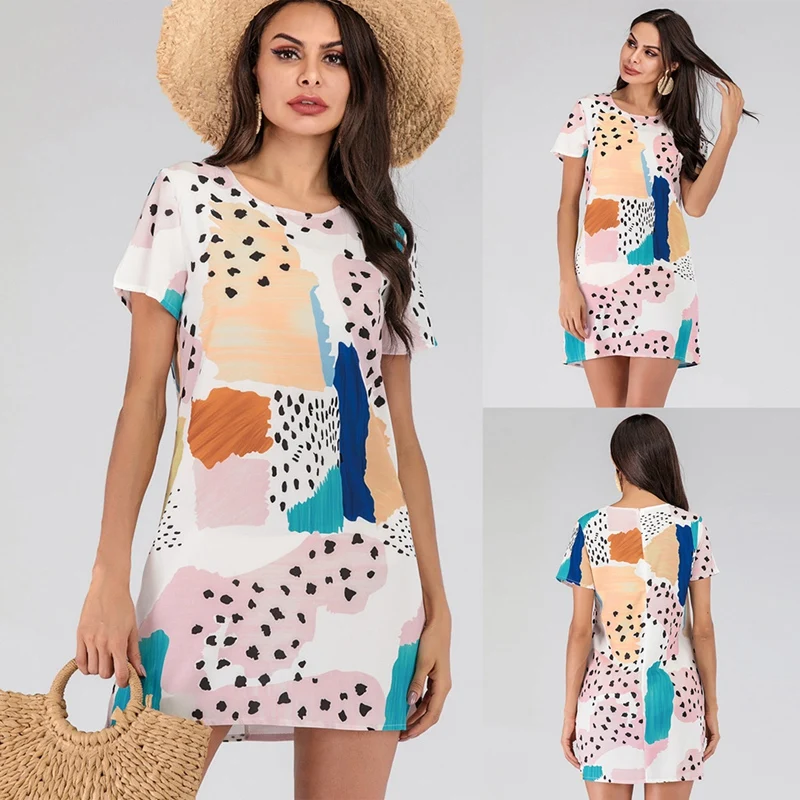 

Kili Women Fashion Dress Short Sleeve Loose Mini Dress Colorful Casual Summer Dress