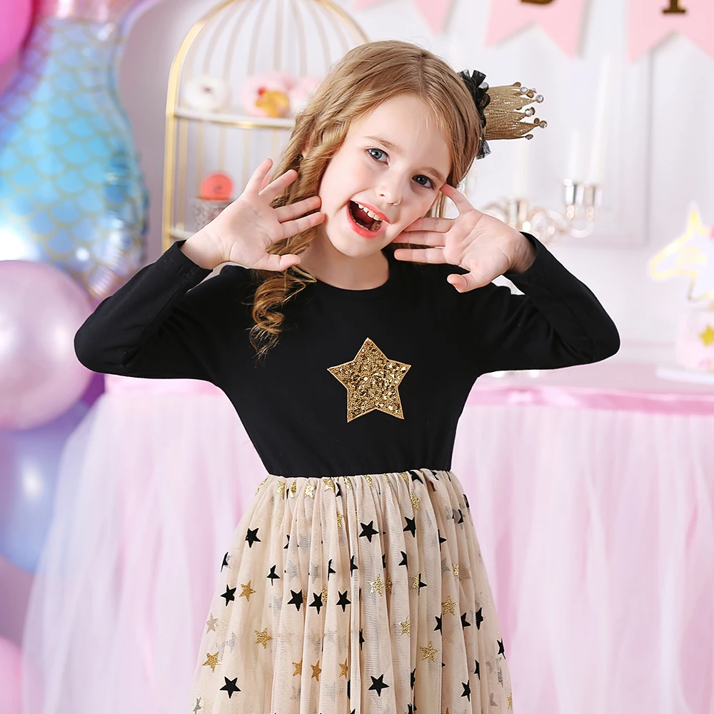 DXTON-vestidos de princesa de algod&oacute;n con lentejuelas para ni&ntilde;as, disfraz de fiesta de estrellas, tut&uacute; para primavera y oto&ntilde;o de 3 a 12 a&ntilde;os-1