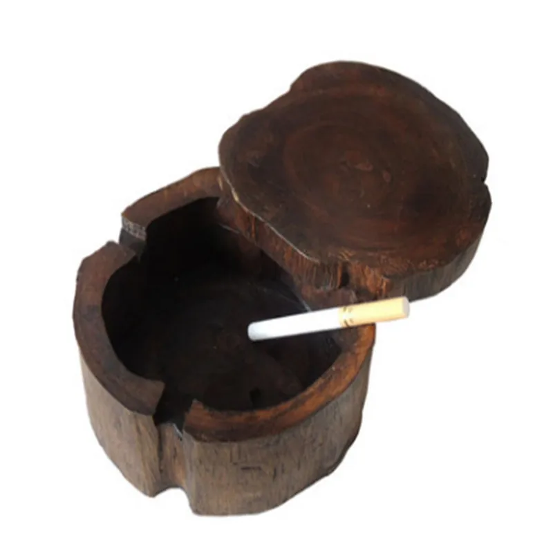 

Crative Fashion Hot Selling Wood Color Southeast Asia Features Solid Wood Ashtray Personality Wooden With Lid Ashtray