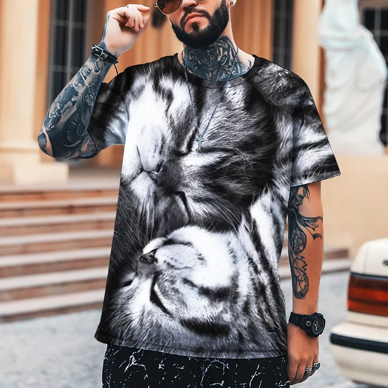 

KYCK Men's Shirt Animal World Cats, Cats And Dogs 3D Printing Printing High-quality Lycra Cotton Fabric Loose Oversized 9XL