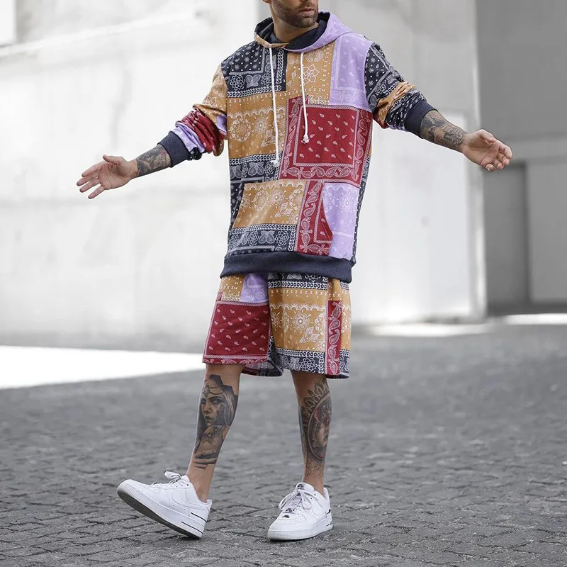 

2021 New men's long sleeve Top shorts printed autumn long suit men's two pieces