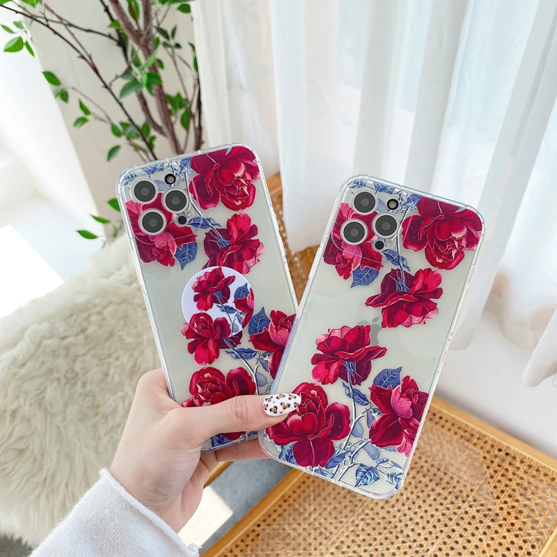 

Fall-resistant Red Rose TPU Phone Case with Stand for IPhone 12 11 Pro Max XR XS Max X 6 7 8 Plus Se 2020 for Iphone 11 Case