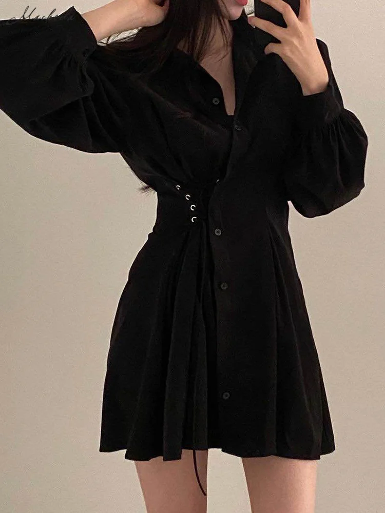 

Macheda Spring 2022 New lantern sleeve loose dress Single breasted side waist lacing waist slim dress Christmas holiday dress