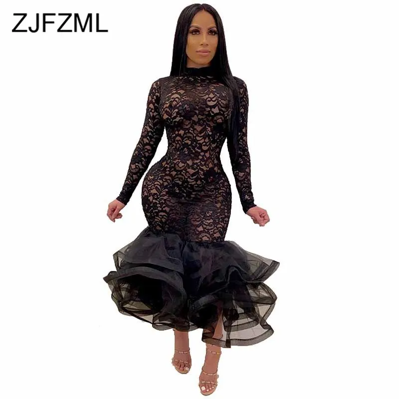 Женское кружевное платье с длинным рукавом Exy Черное длинное Русалка оборками и