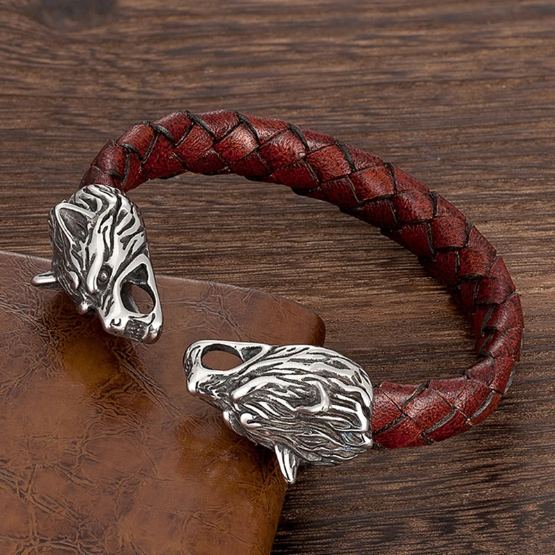 

MKENDN Stainless steel Bangle Men Vikings Wolf Head Bracelet 316L Adjustable Opening cuff Charm Pulseras Hombre Luxury jewelry