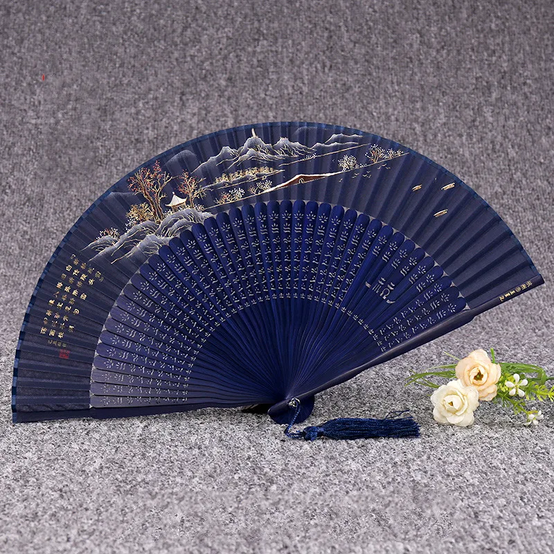 Silk Folding Dance Fan Portable Vintage Lady Folding Fan Chinese Landscape Fans Summer Women Bamboo Hand Fan Abanicos Para Boda