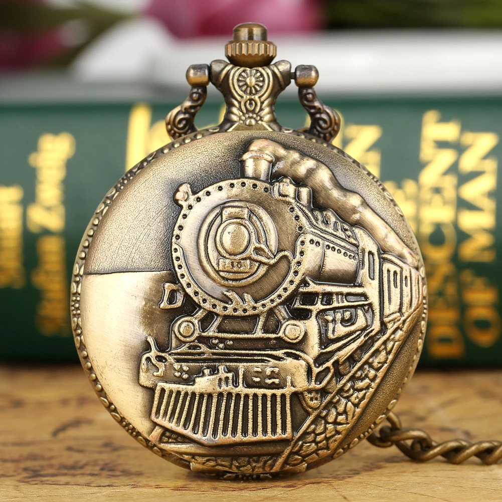 

Antique Style Bronze Steam Train Head Retro Vintage Quartz Movement Pocket Watch Digital Dial Necklace Chain Pedant Clock Men