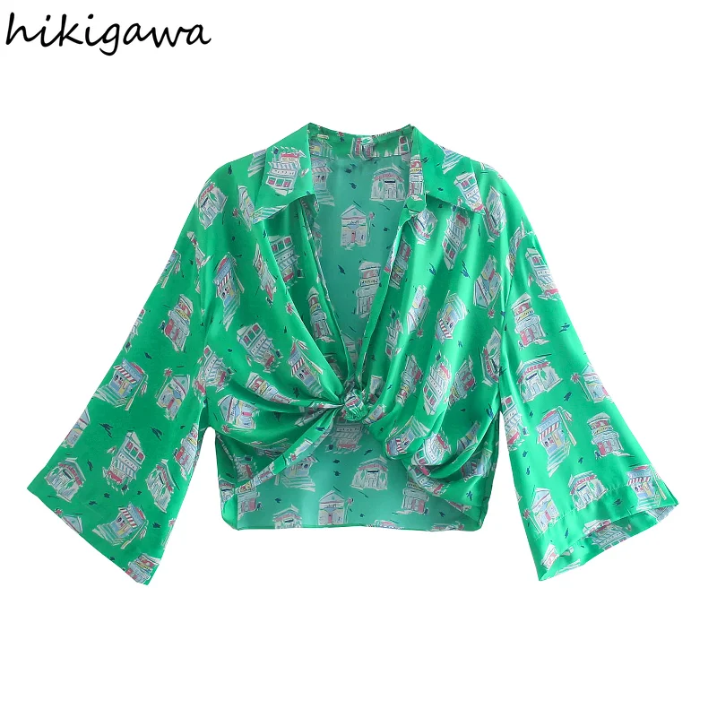 

Hikigawa Women's Shirt Turn Down Collar Long Sleeve Tie Blusas Tops Korean Fashion Print Short Elegant Slim Blouses Crop Top