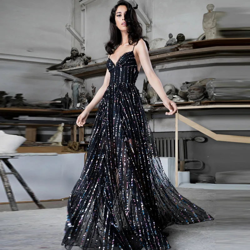 

2021 Women's Shine Sexy Deep-V Formal Dress Long Maxi Party Dresses Mujer Vestido