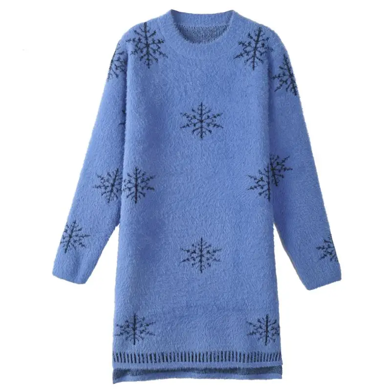 

Women 2020 Autumn Winter Faux Mink Cashmere Knitted Dress Female Snow Print Warm Sweater Dresses Ladies Pullover Vestidos T164