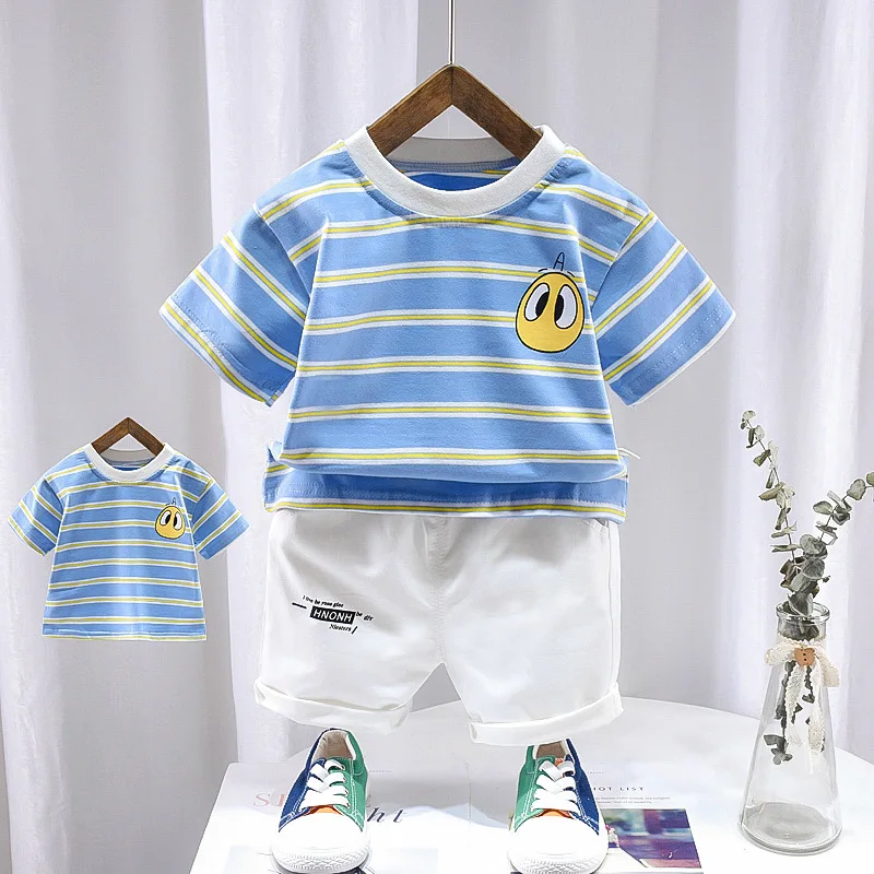 

2021 Baby Boys Girls Casual Short Sleeve Suit Summer Kids Striped Cotton T- Shirt +shorts Toddler Clothing Set 0-4 Years