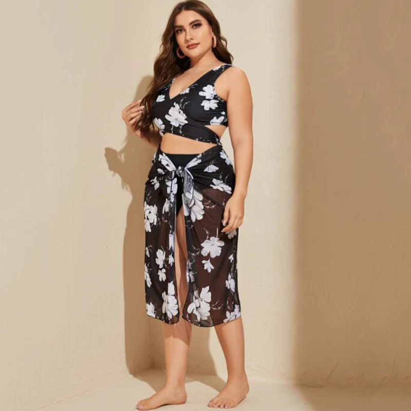 Женский комплект бикини размера плюс из 3 предметов с накидкой купальник высокой