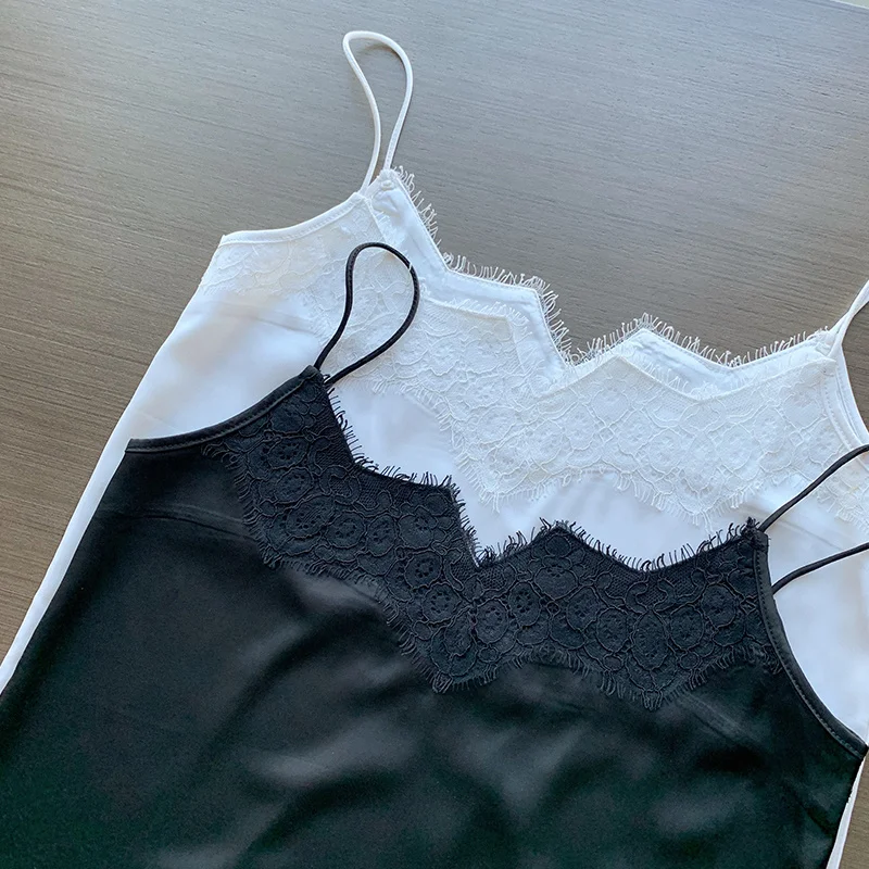 

2021 Lace Strap Silk Top Women Sexy Halter V Neck Sleeveless Crop Top Satin Tank Tops Women Underwear Plus Size Camisole