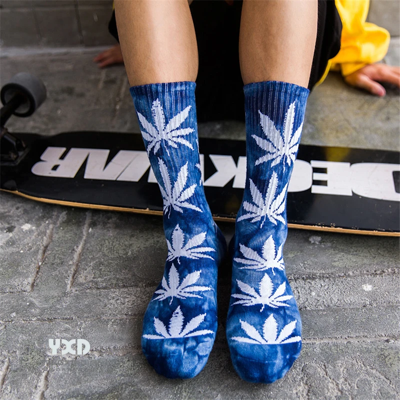 3 Pairs/Men's Socks High Quality New Fall/Winter Thicker Cotton Tie-dyed Maple Leaf Print Sports High Socks Man Skateboard Socks