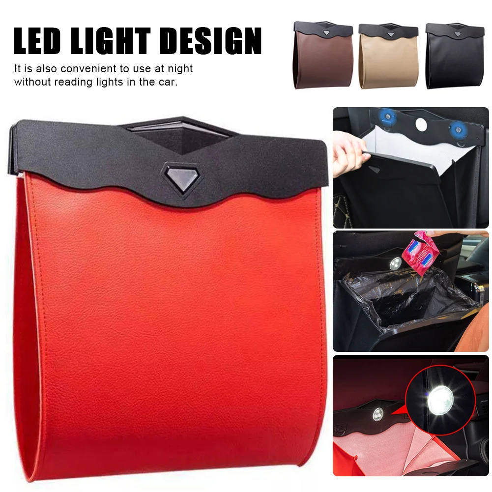 

Smart LED Car Trash Can Waterproof Garbage Bag Passenger Side Artificial Leather Storage Pocket Leak Reusable Traveling Portable