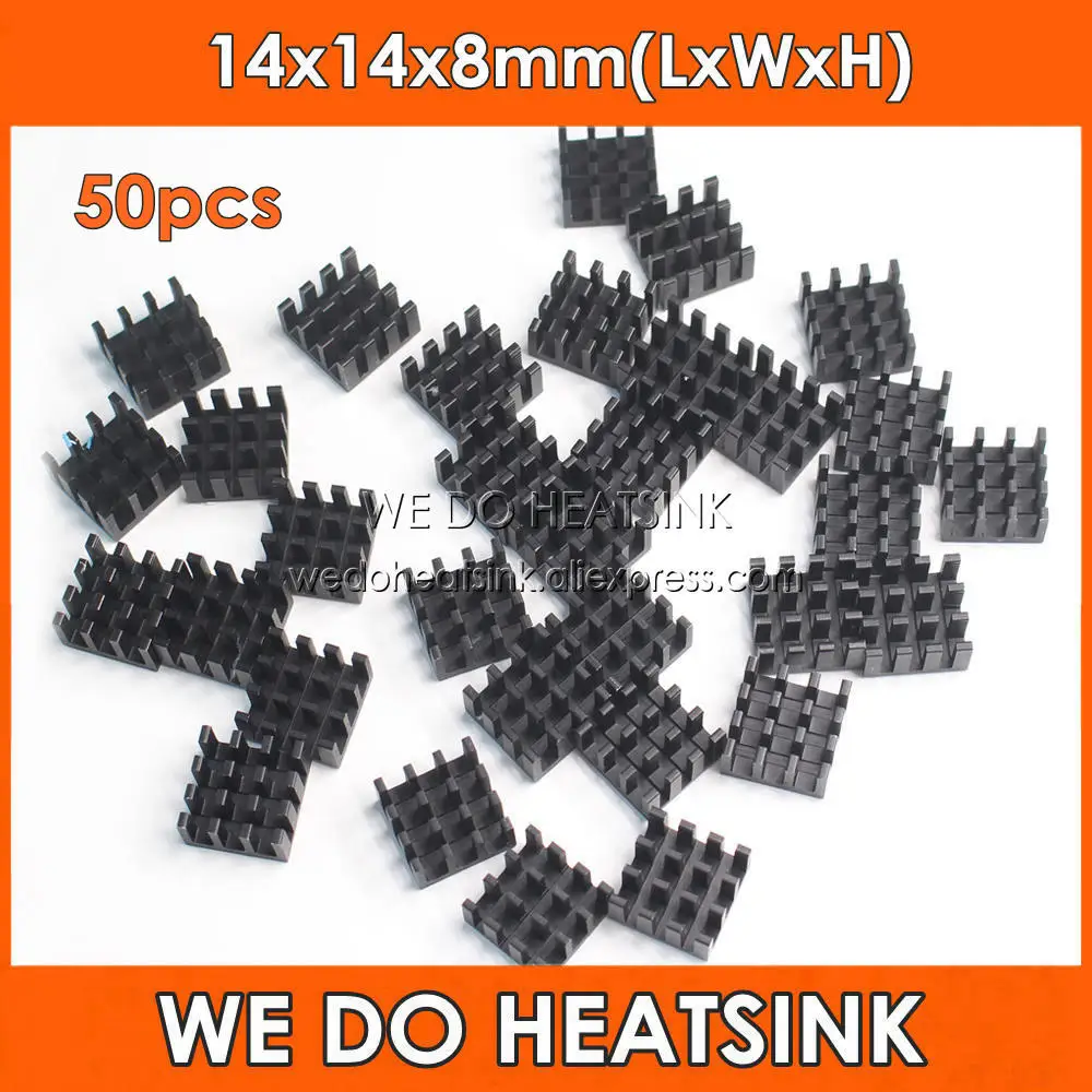 

WE DO HEATSINK 50pcs 14x14x8mm Black Anodied Heatsink IC CPU MOS Chipsink Heat Sink