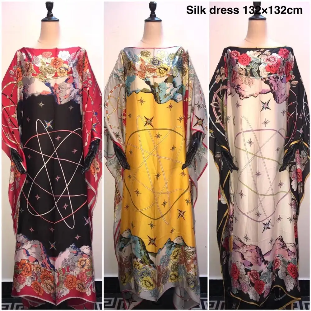 

Oversize Modern Fashion Printed Silk Kaftan Dresses Loose Style Dashiki women's silk dresses African dresses for women